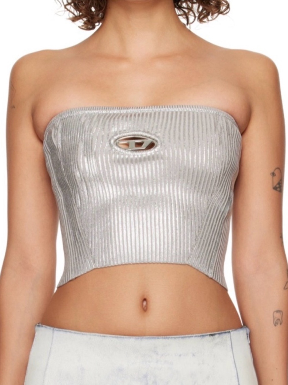 Diesel Metallic Silver XXS Ribbed Strapless Crop Top with Front Keyhole